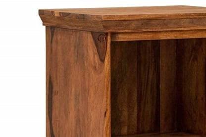 Solid Sheesham Wood Bedside Table with 2 Carved Drawers & Open Shelf