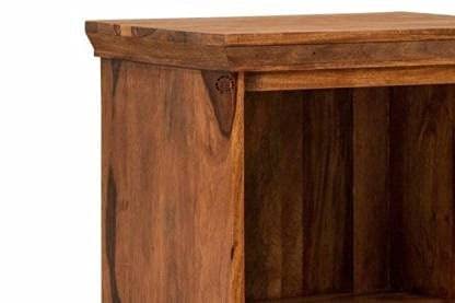 Solid Sheesham Wood Bedside Table with 2 Carved Drawers & Open Shelf
