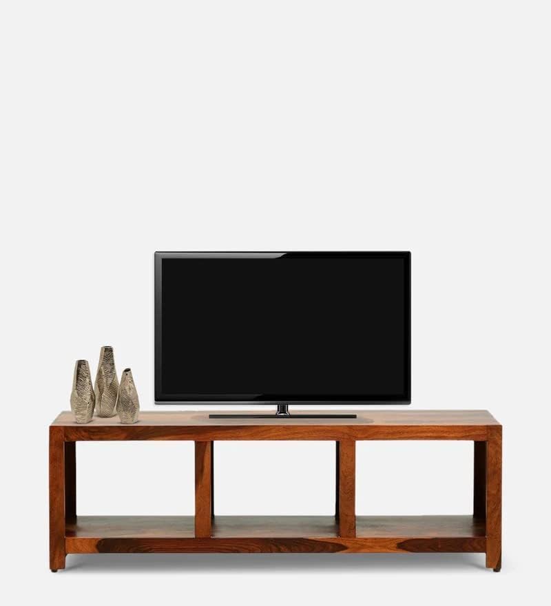 Solid Sheesham Wood Open TV Unit with 3 Storage Compartments