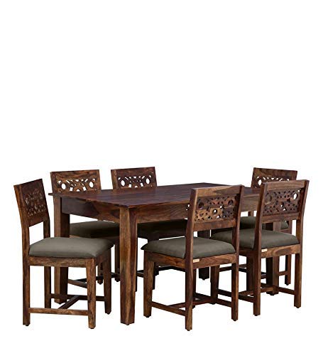 Premium Sheesham Wood 6 Seater Dining Table Set with CNC Carved Chairs | Cushioned Seating |