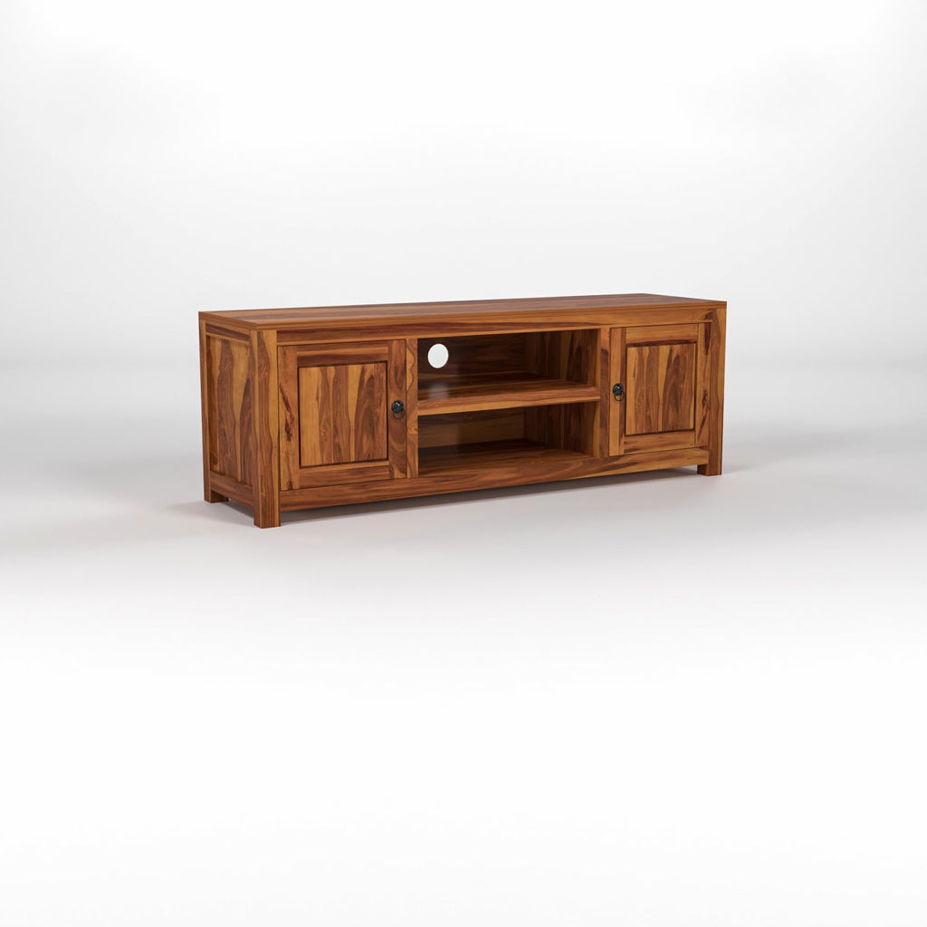 Solid Sheesham Wood TV Unit with Side Cabinets & Open Shelf