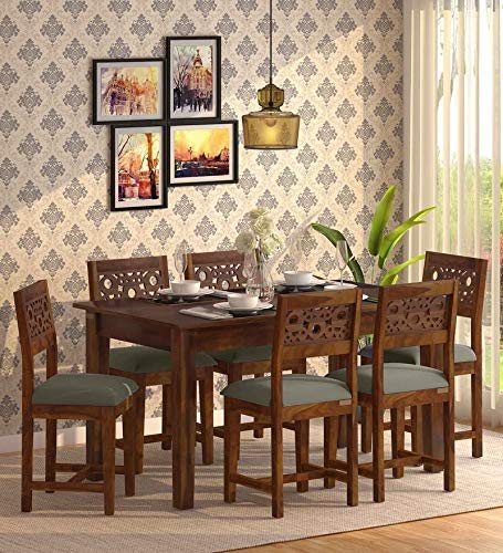 Premium Sheesham Wood 6 Seater Dining Table Set with CNC Carved Chairs | Cushioned Seating |