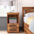 Solid Sheesham Wood Bedside Table with 2 Carved Drawers & Open Shelf