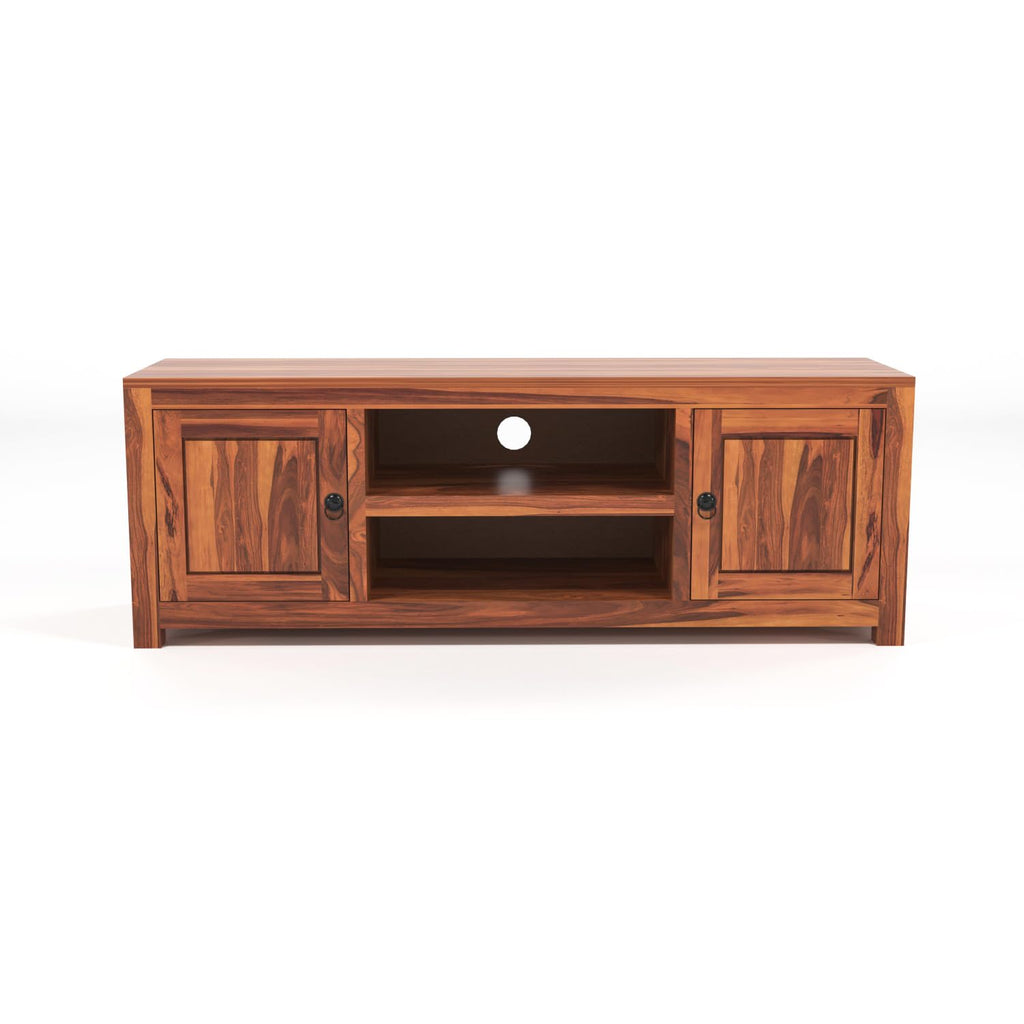 Solid Sheesham Wood TV Unit with Side Cabinets & Open Shelf