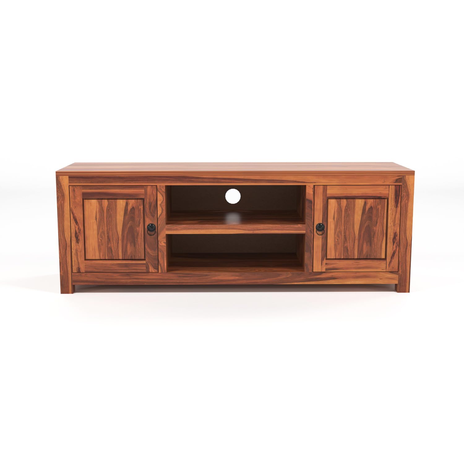 Solid Sheesham Wood TV Unit with Side Cabinets & Open Shelf