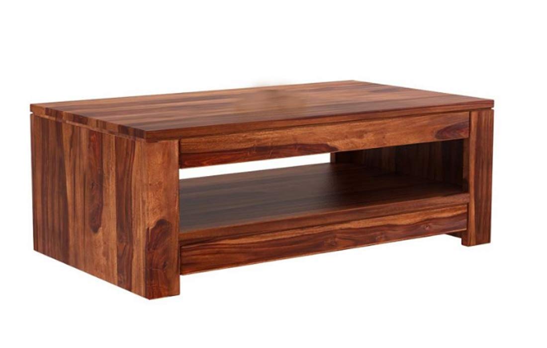 Sheesham Wood Coffee Table | Rectangular Center Table with Open Shelf Storage