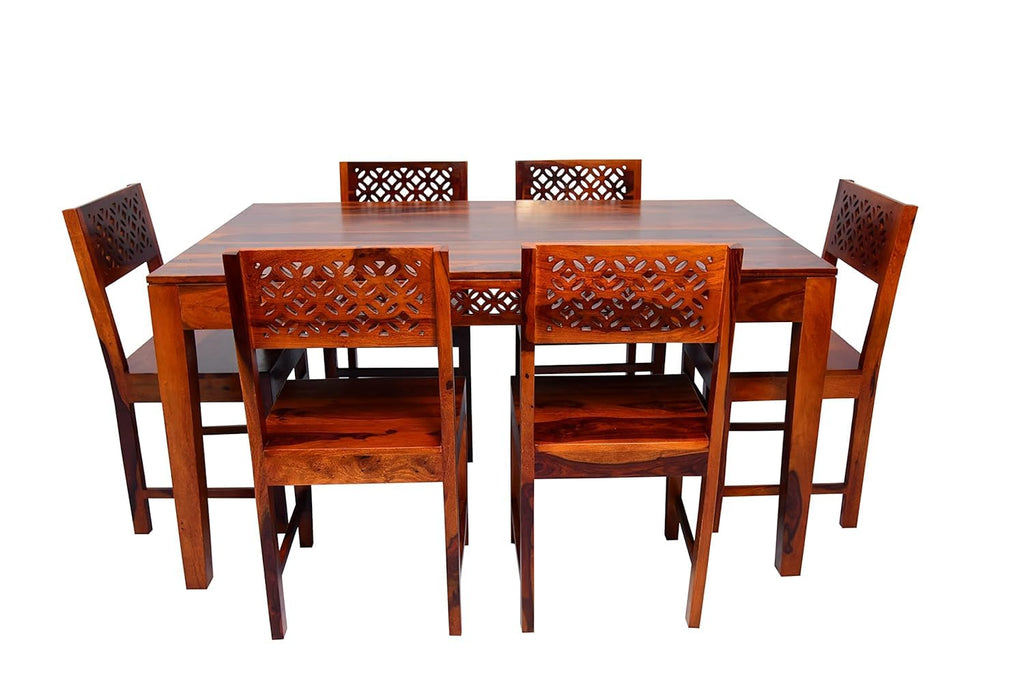 Premium Solid Wood CNC Carved 6 Seater Dining Table Set with Chairs – Honey Finish