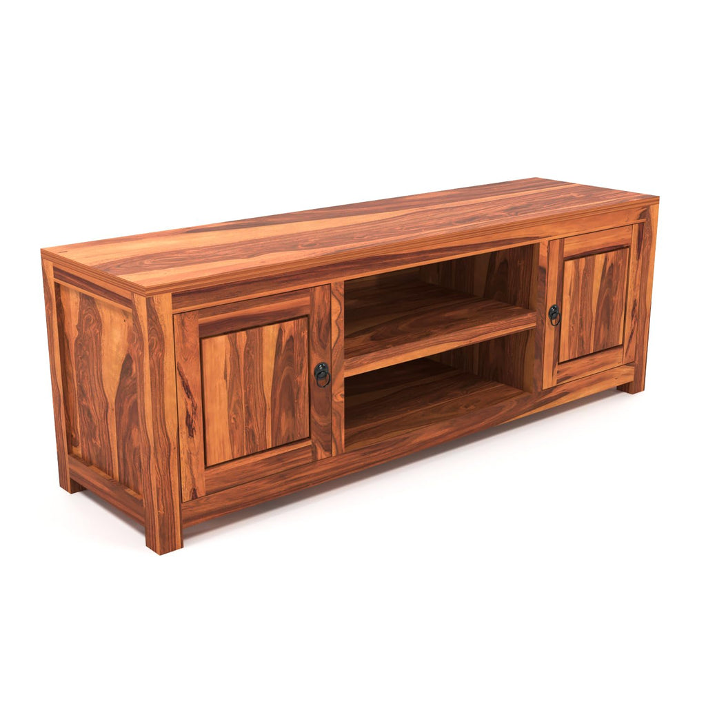 Solid Sheesham Wood TV Unit with Side Cabinets & Open Shelf