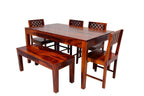 Solid Wood CNC Design 6 Seater Dining Table Set with Bench & Chairs – Honey Finish