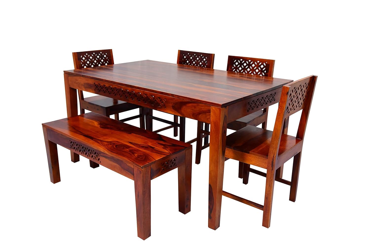 Solid Wood CNC Design 6 Seater Dining Table Set with Bench & Chairs – Honey Finish