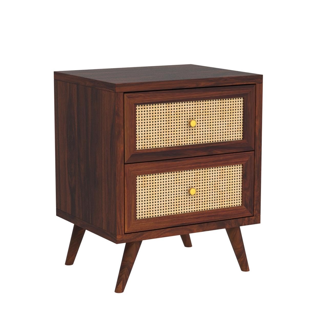 Solid Sheesham Wood Bedside Table with 2 Drawers | Cane Design