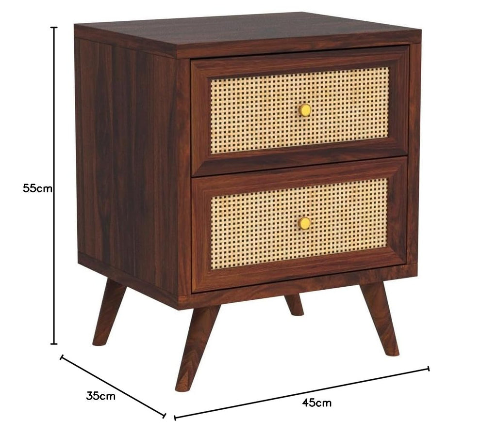 Solid Sheesham Wood Bedside Table with 2 Drawers | Cane Design