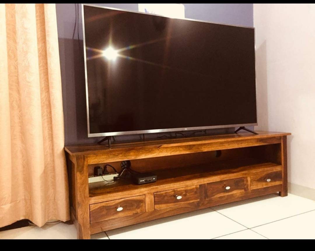 Solid Sheesham Wood TV Unit with 4 Drawers & Open Shelves