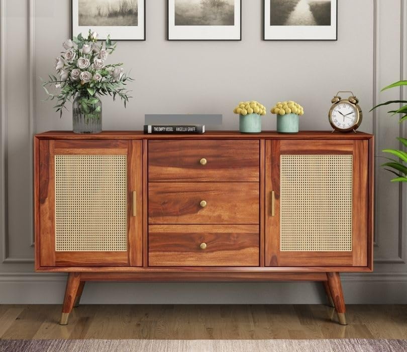 Solid Sheesham Wood Sideboard Cabinet with 3 Drawers & 2 Door Storage