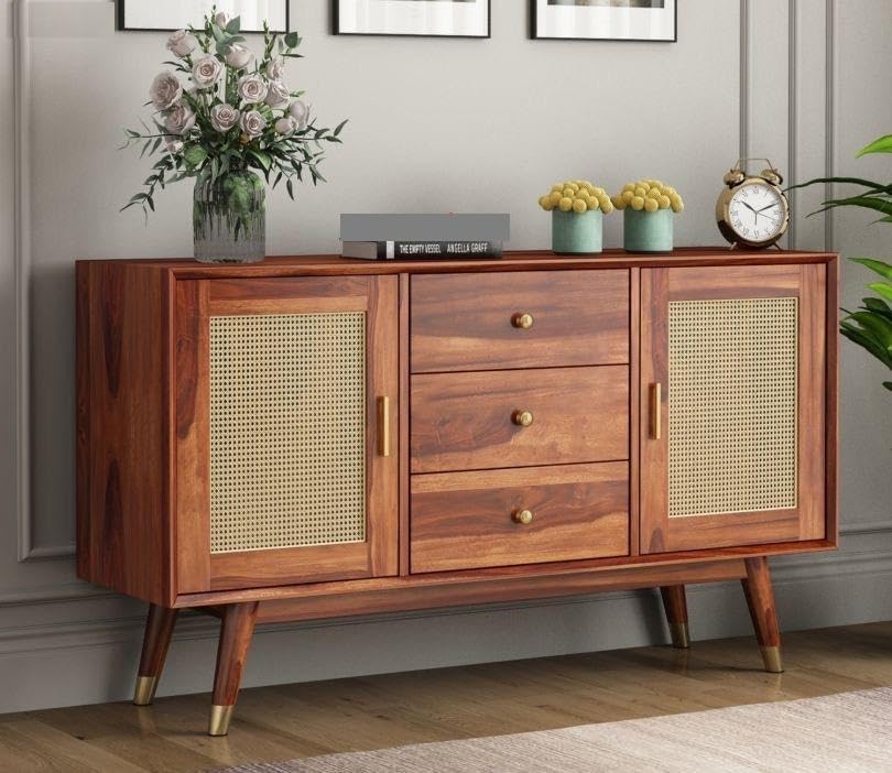 Solid Sheesham Wood Sideboard Cabinet with 3 Drawers & 2 Door Storage