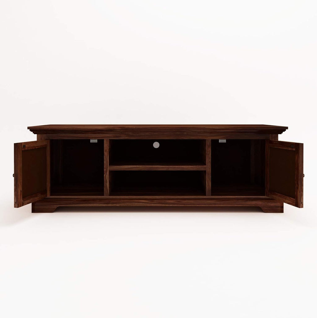 Solid Sheesham Wood TV Unit with Storage Cabinet & Open Shelf