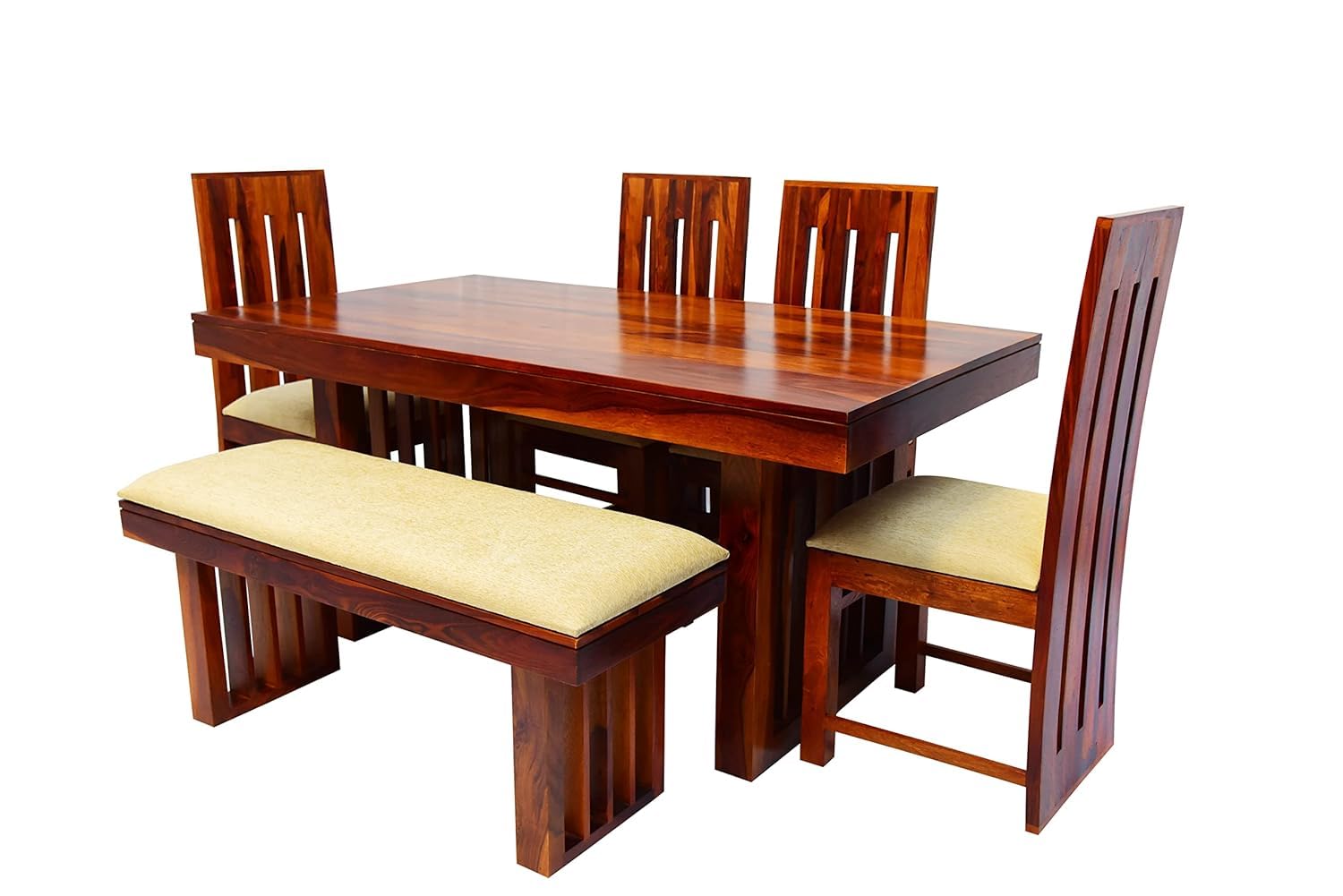 Premium Solid Wood 6 Seater Dining Table Set with Bench & Chairs – Modern Slatted Design