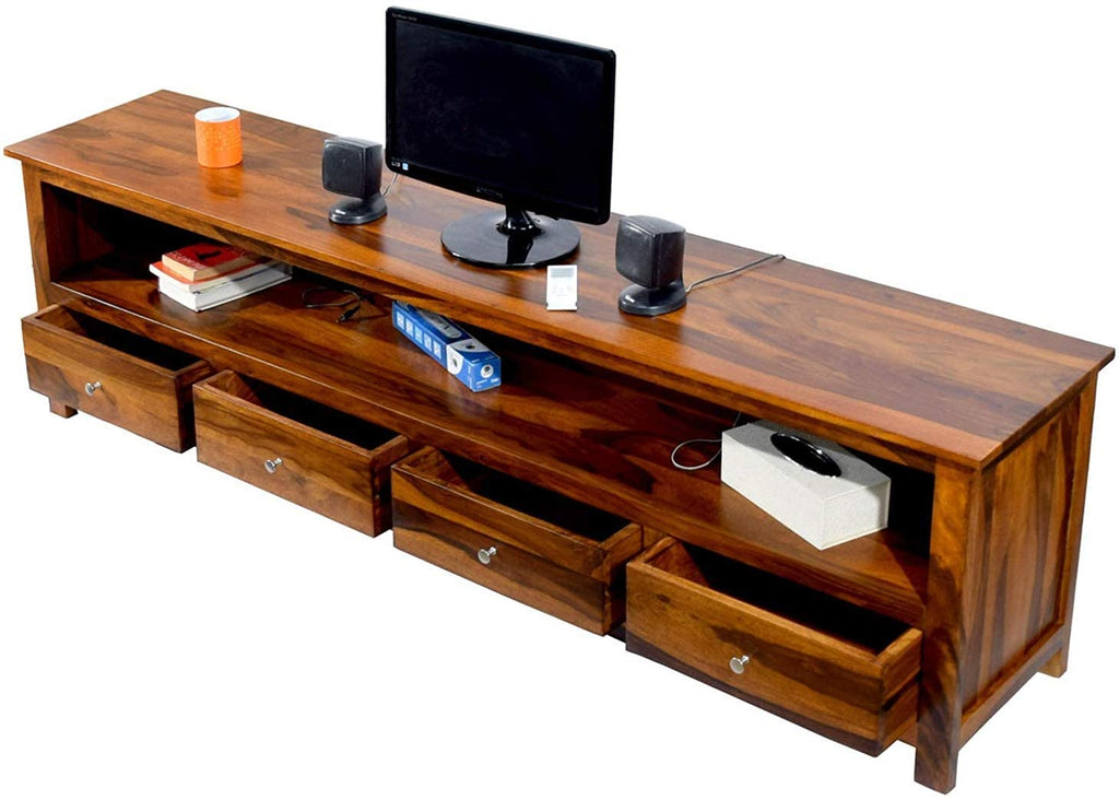 Solid Sheesham Wood TV Unit with 4 Drawers & Open Shelves