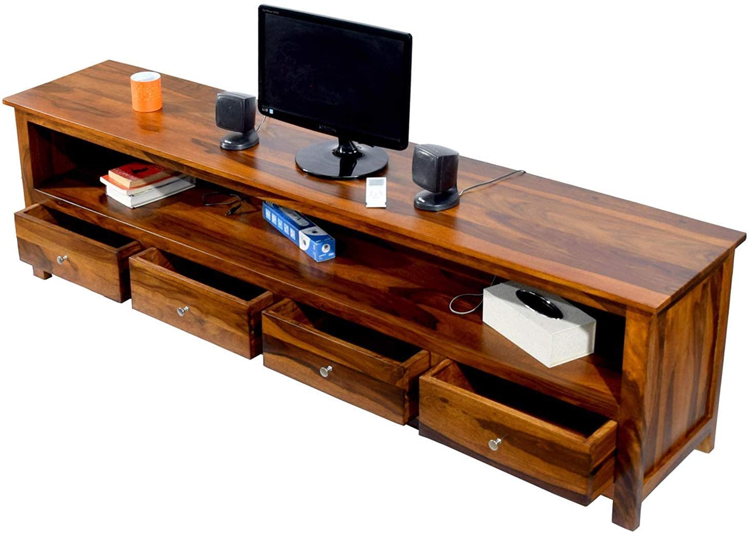 Solid Sheesham Wood TV Unit with 4 Drawers & Open Shelves
