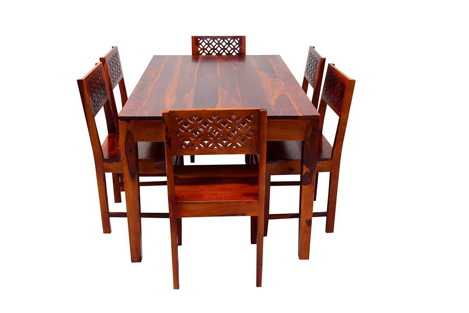 Premium Solid Wood CNC Carved 6 Seater Dining Table Set with Chairs – Honey Finish