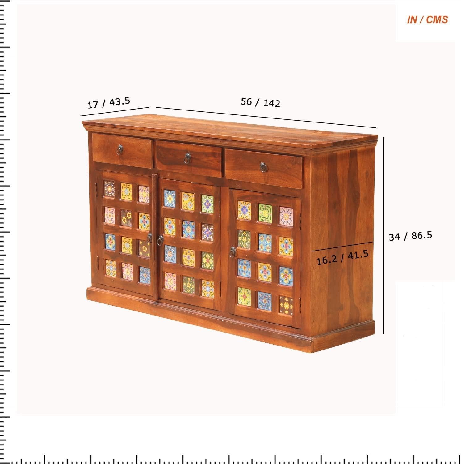 Solid Sheesham Wood Sideboard Cabinet with Handcrafted Tile Design