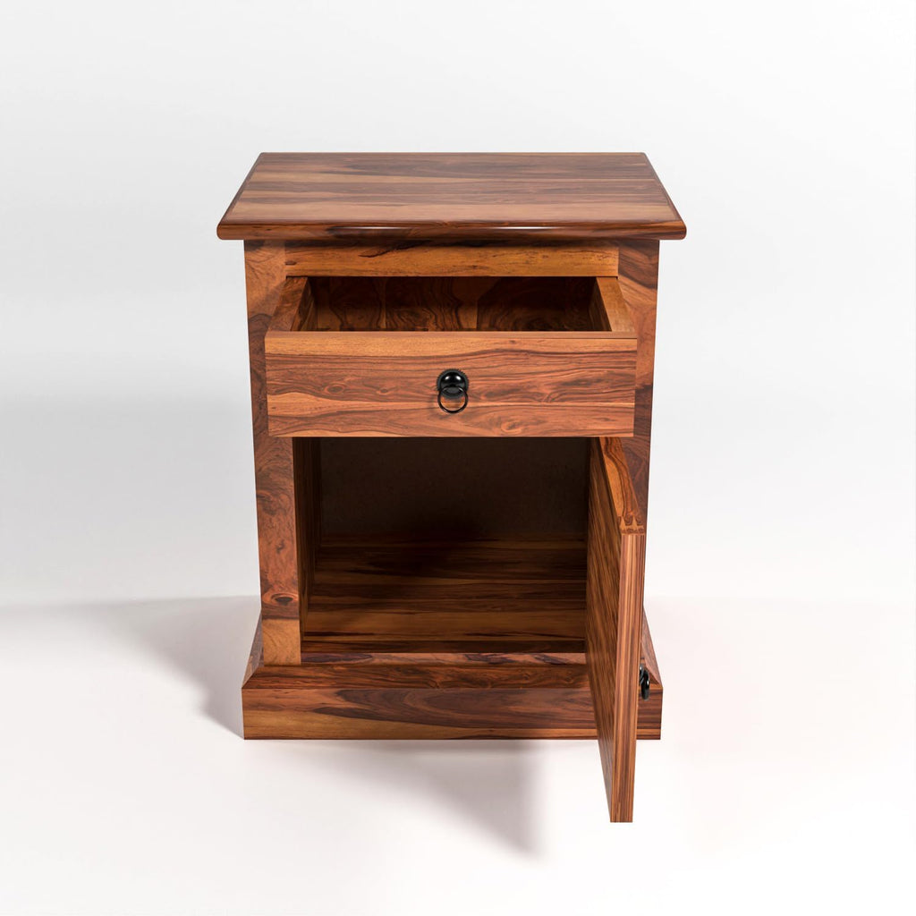 Solid Sheesham Wood Bedside Table with Drawer & Cabinet