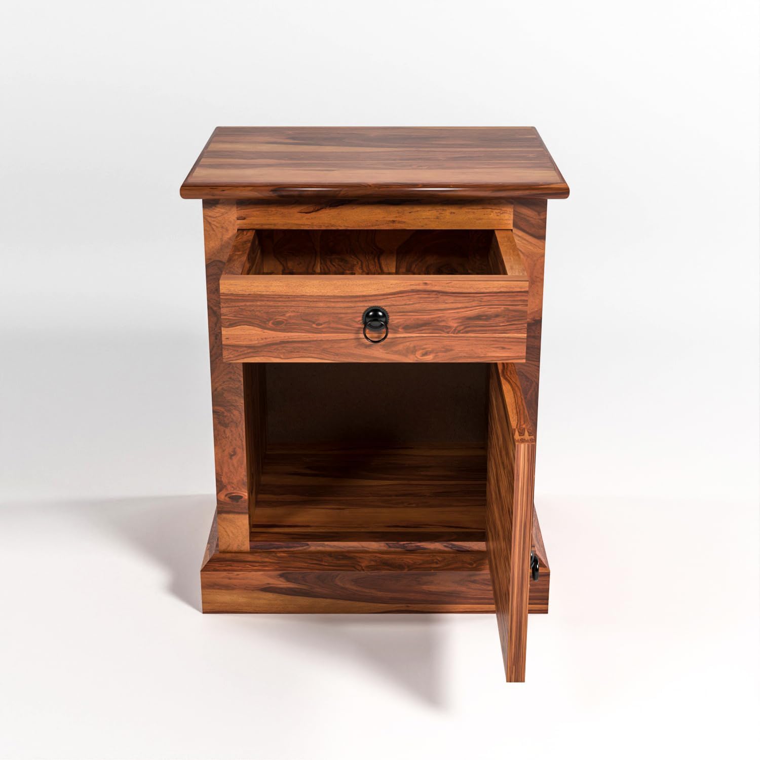 Solid Sheesham Wood Bedside Table with Drawer & Cabinet