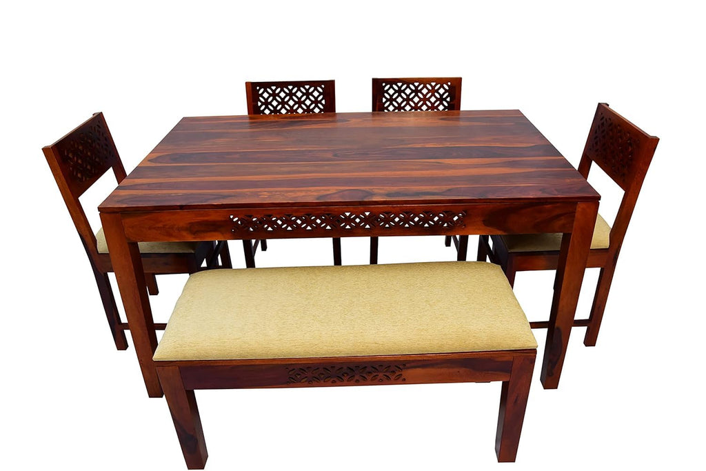 Solid Wood CNC Design 6 Seater Dining Table Set with Bench & Chairs