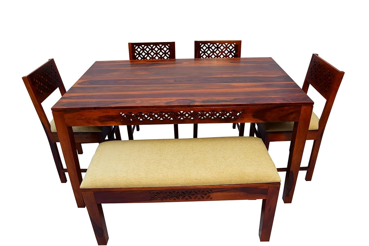 Solid Wood CNC Design 6 Seater Dining Table Set with Bench & Chairs