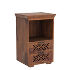 Solid Sheesham Wood Bedside Table with 2 Carved Drawers & Open Shelf