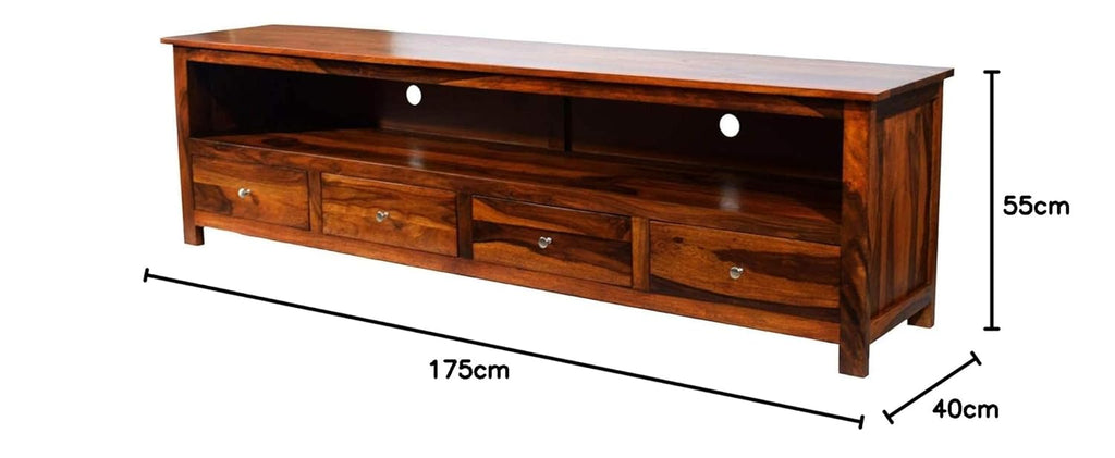 Solid Sheesham Wood TV Unit with 4 Drawers & Open Shelves