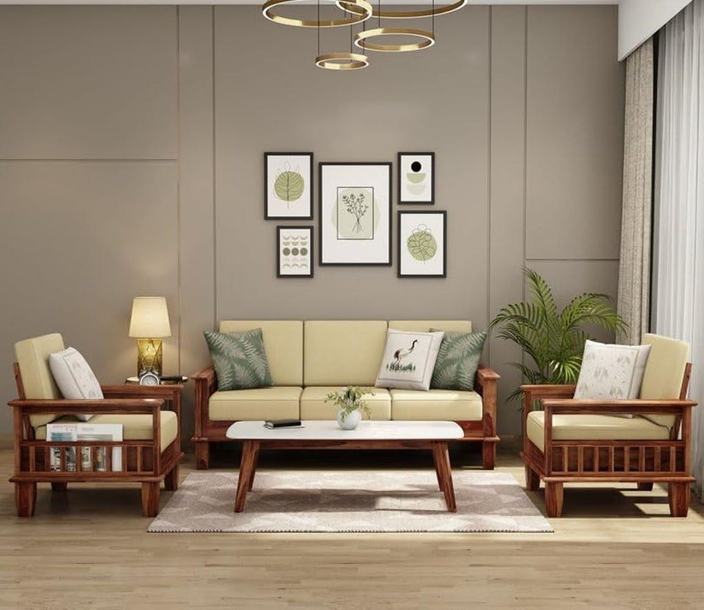 Solid Sheesham Wood 5 Seater Sofa Set | 3+1+1 Wooden Sofa