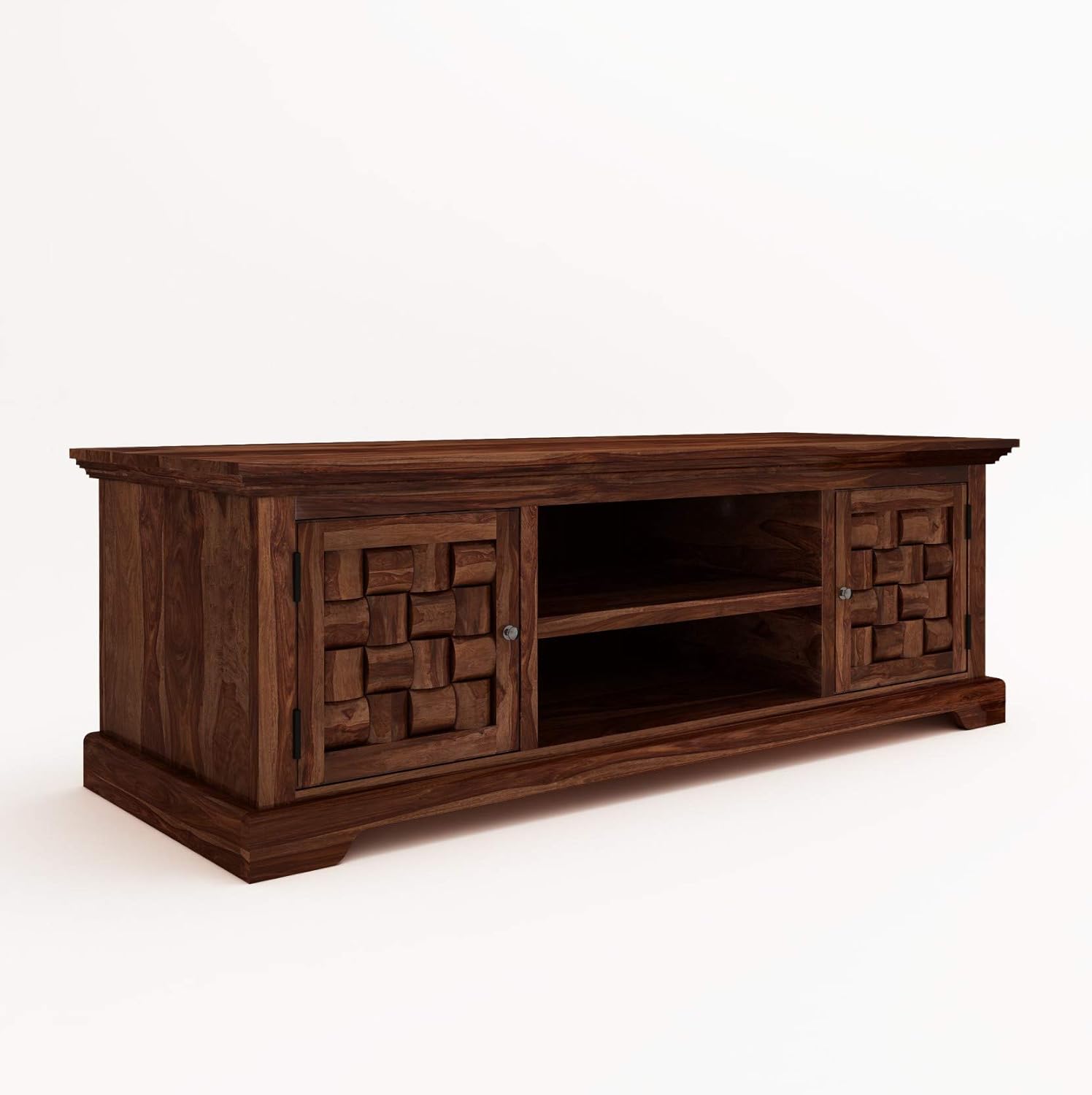 Solid Sheesham Wood TV Unit with Storage Cabinet & Open Shelf