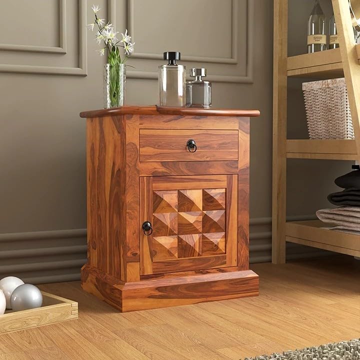 Solid Sheesham Wood Bedside Table with Drawer & Cabinet