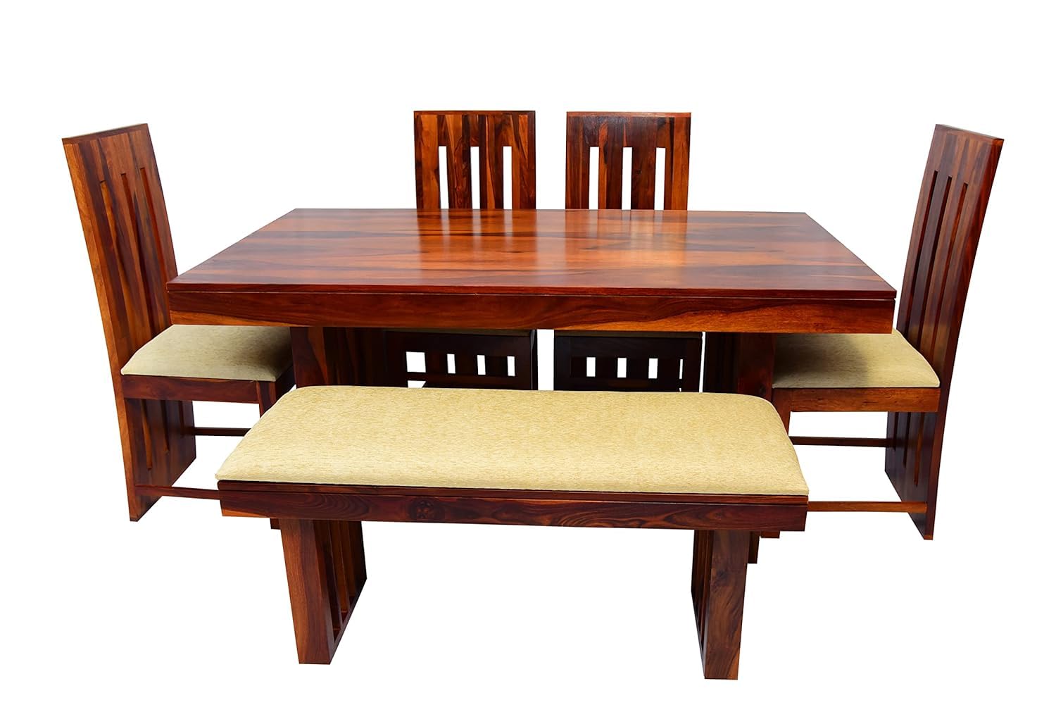 Premium Solid Wood 6 Seater Dining Table Set with Bench & Chairs – Modern Slatted Design