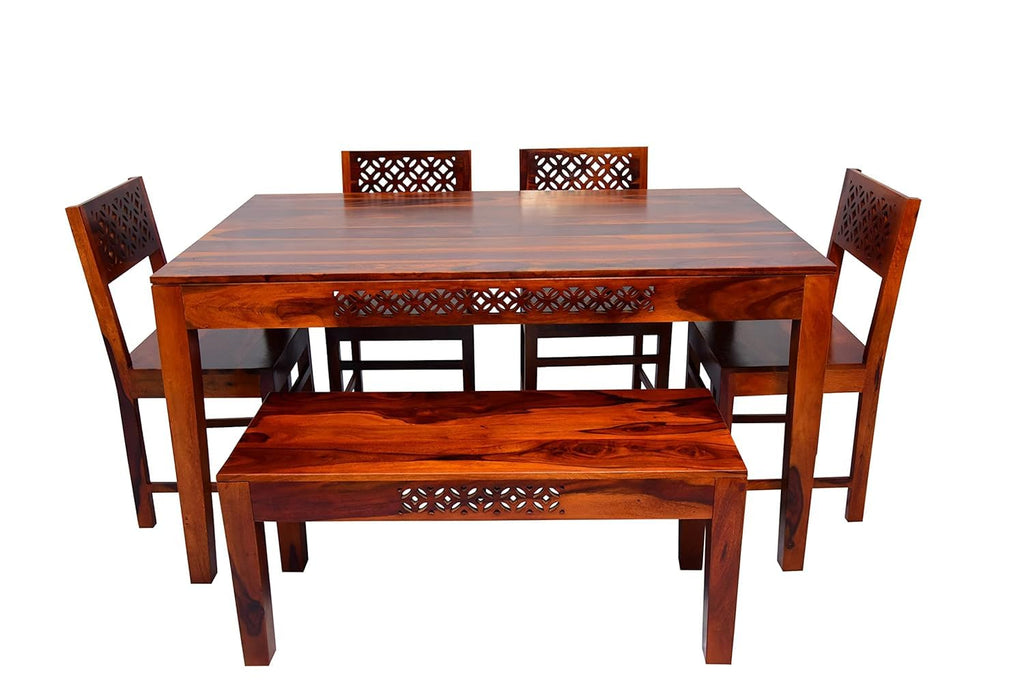 Solid Wood CNC Design 6 Seater Dining Table Set with Bench & Chairs – Honey Finish