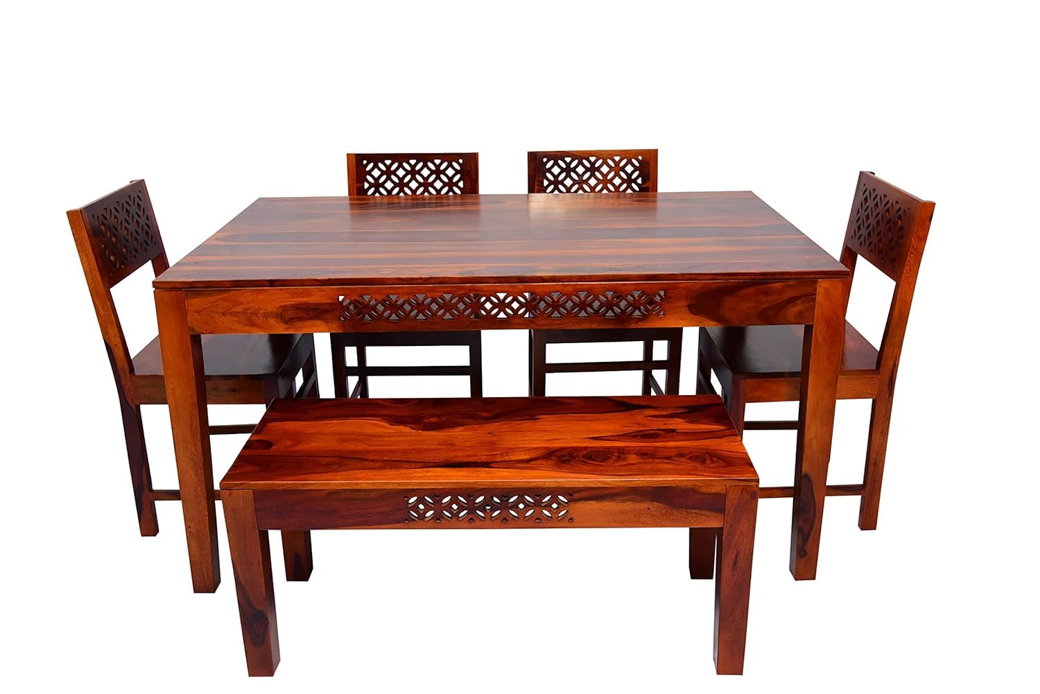 Solid Wood CNC Design 6 Seater Dining Table Set with Bench & Chairs – Honey Finish