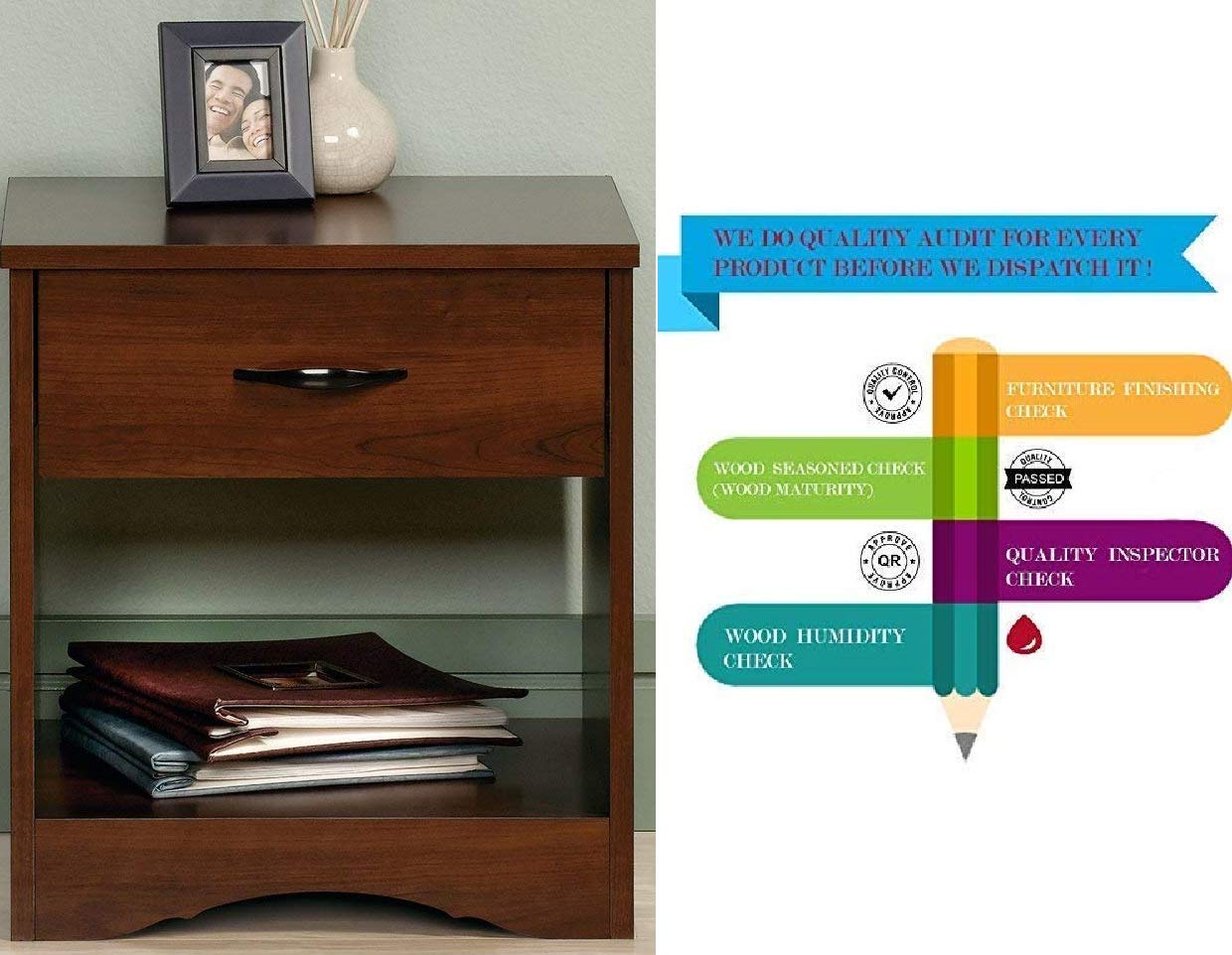 Solid Sheesham Wood Bedside Table with Drawer & Open Shelf