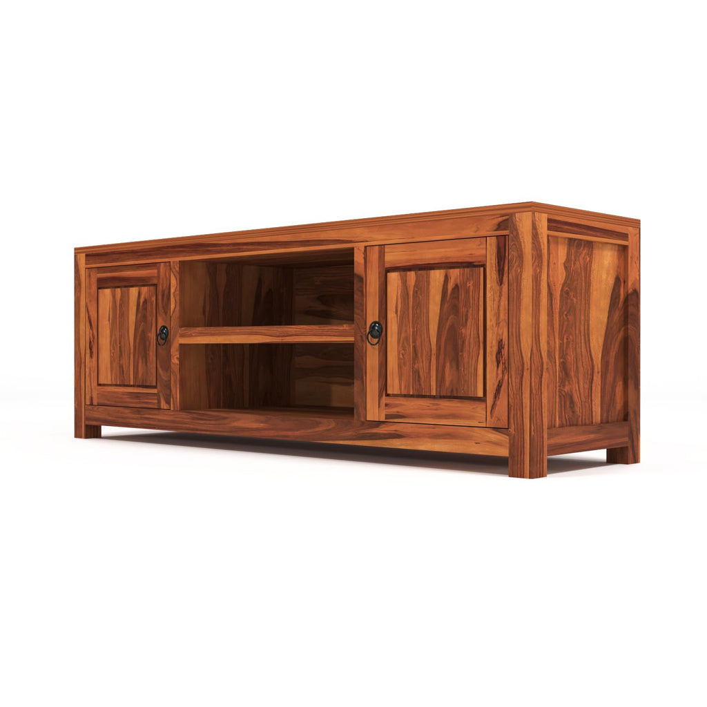 Solid Sheesham Wood TV Unit with Side Cabinets & Open Shelf