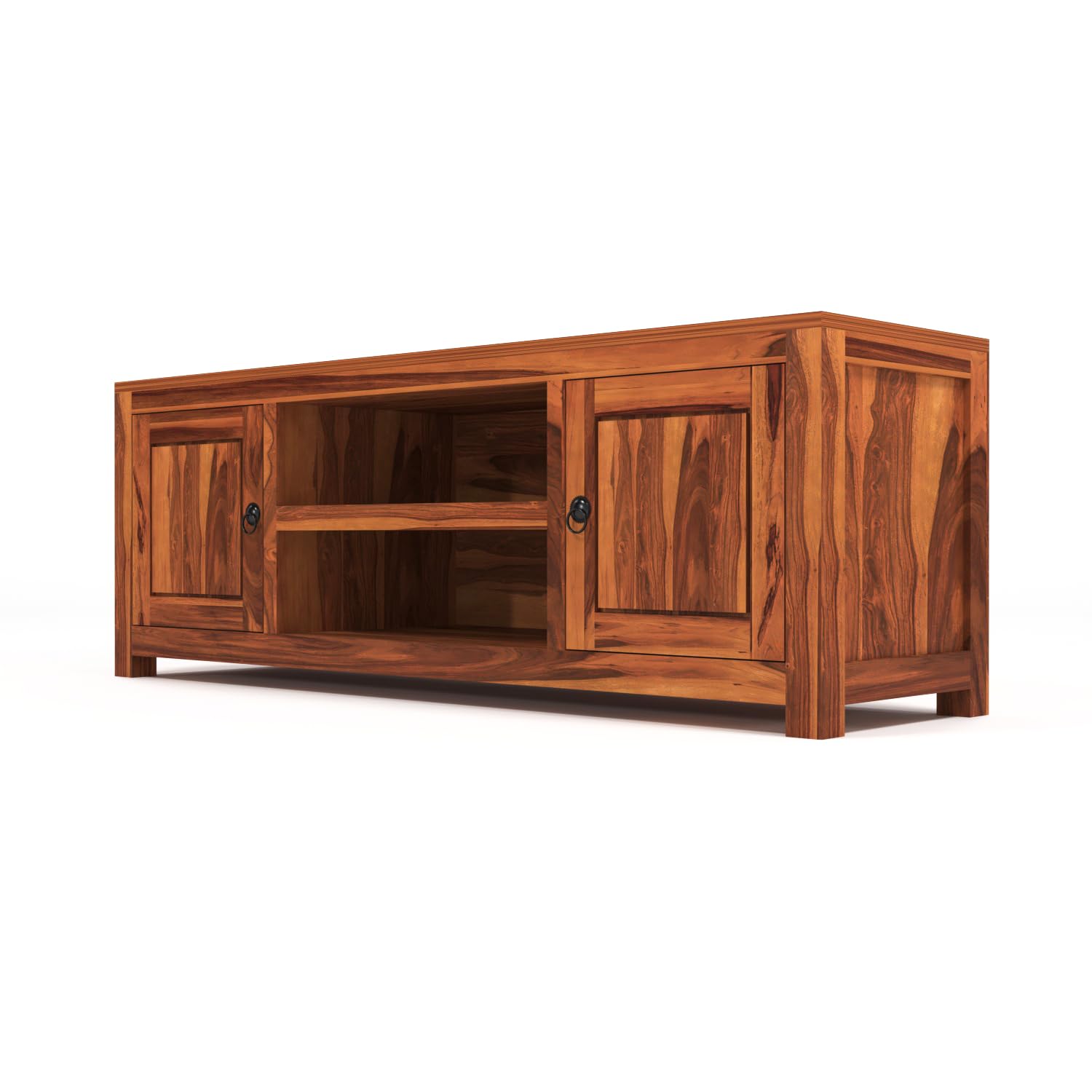 Solid Sheesham Wood TV Unit with Side Cabinets & Open Shelf