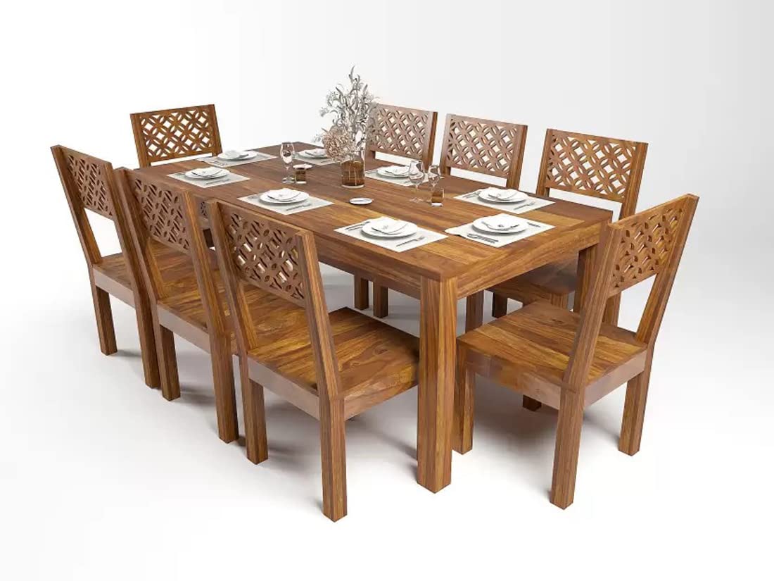 Sheesham Wood 8 Seater Dining Table Set with CNC Carved Back Chairs