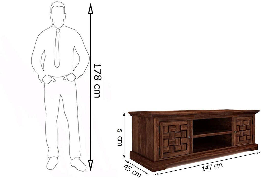 Solid Sheesham Wood TV Unit with Storage Cabinet & Open Shelf