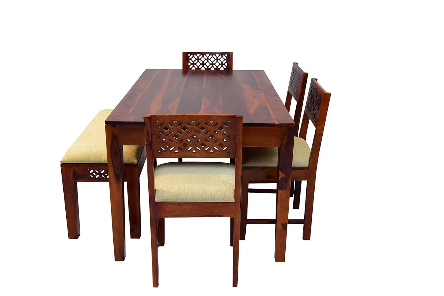 Solid Wood CNC Design 6 Seater Dining Table Set with Bench & Chairs