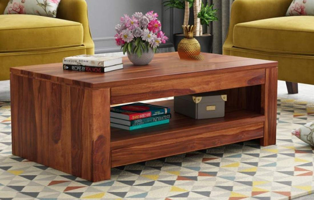 Sheesham Wood Coffee Table | Rectangular Center Table with Open Shelf Storage