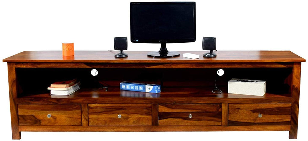 Solid Sheesham Wood TV Unit with 4 Drawers & Open Shelves