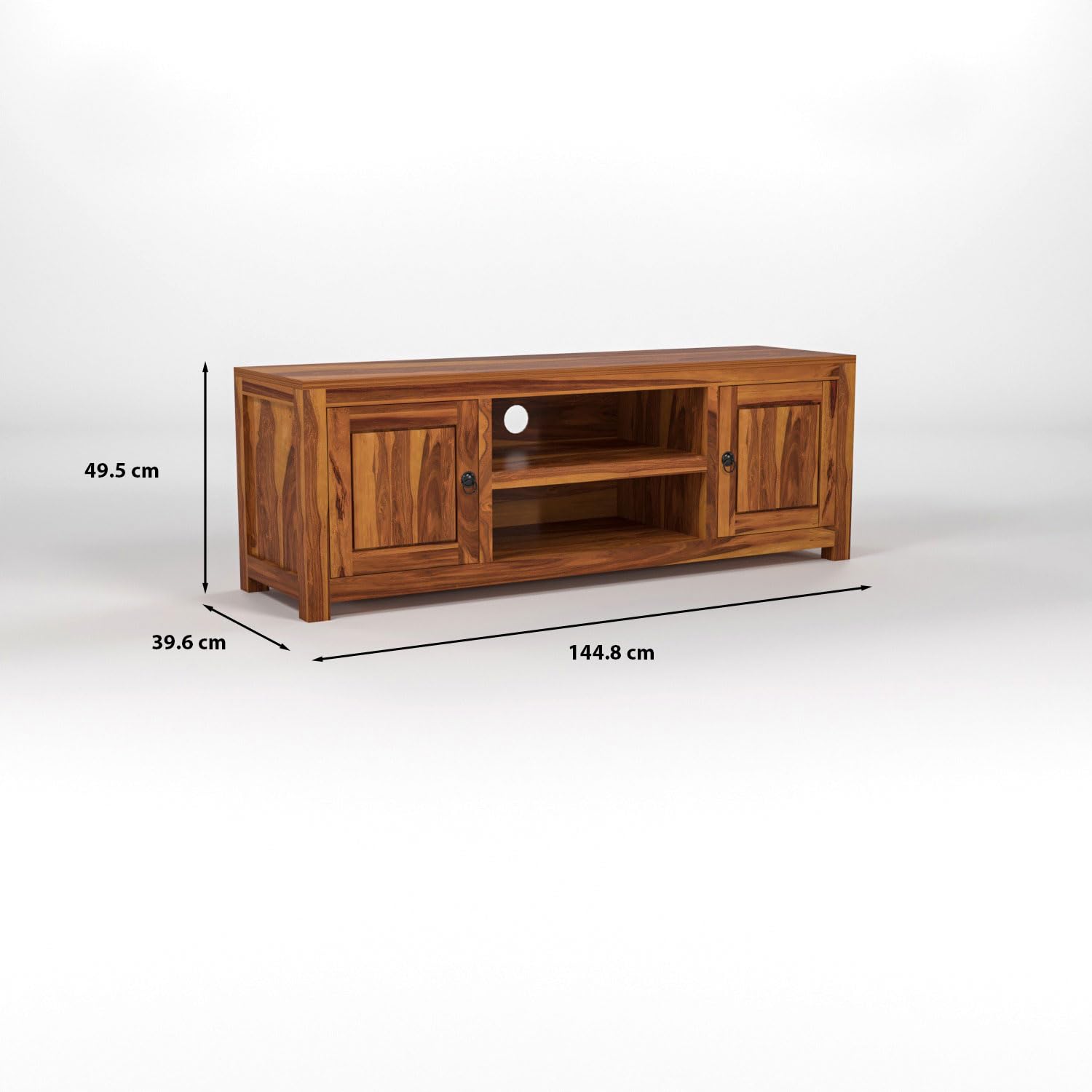 Solid Sheesham Wood TV Unit with Side Cabinets & Open Shelf
