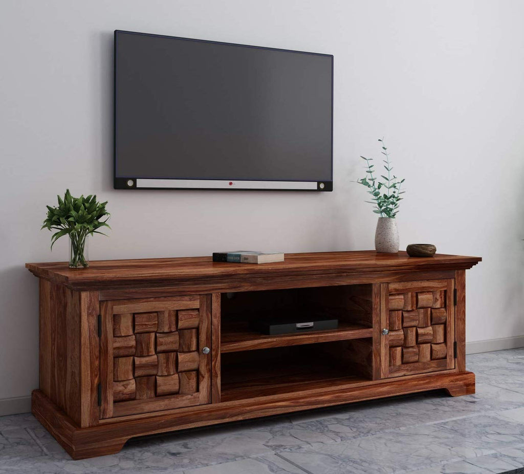 Solid Sheesham Wood TV Unit with Storage Cabinet & Open Shelf