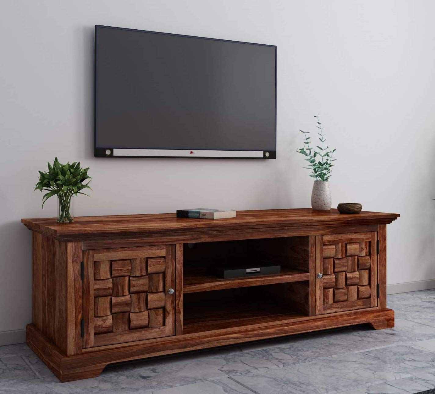 Solid Sheesham Wood TV Unit with Storage Cabinet & Open Shelf