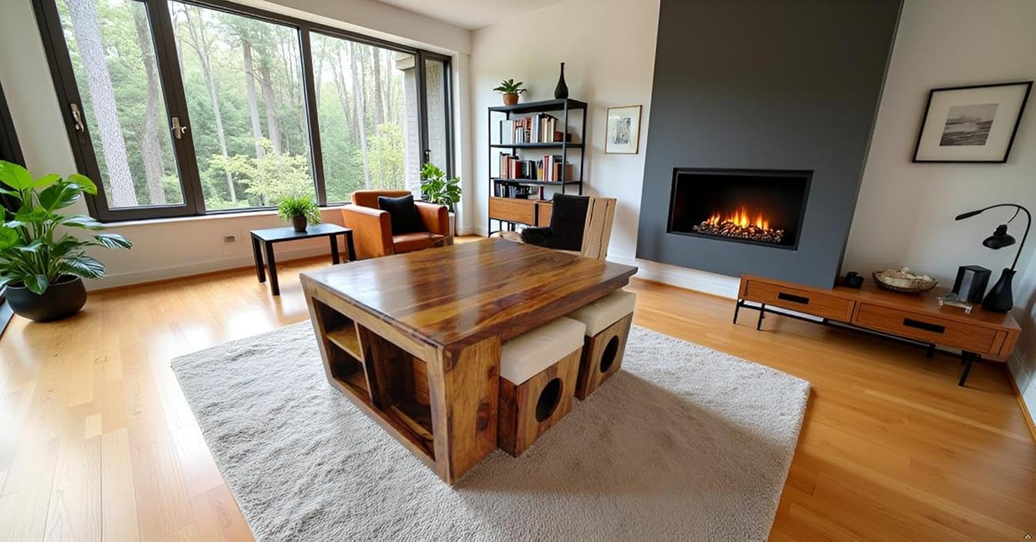Sheesham Wood Coffee Table with Nesting Stools