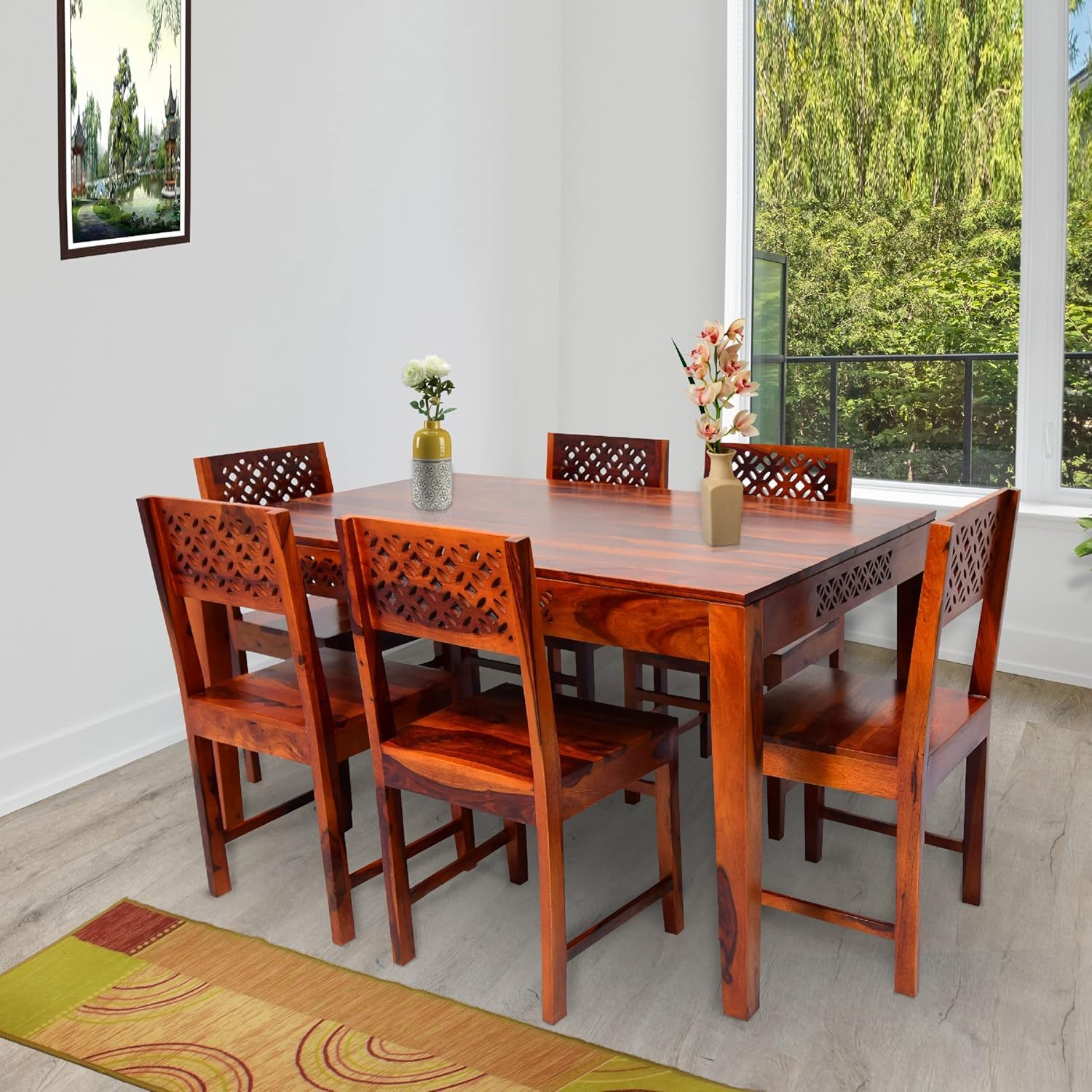 Premium Solid Wood CNC Carved 6 Seater Dining Table Set with Chairs – Honey Finish